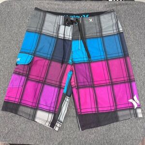 Hurley Phantom Plaid Board Shorts Swim Trunks Drawstring Closure Size 32